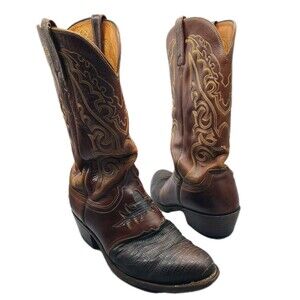 Vintage MENS 1883 LUCCHESE Boots Cowboy Brown Lizard Toe Embroidered Size 8.5 2E